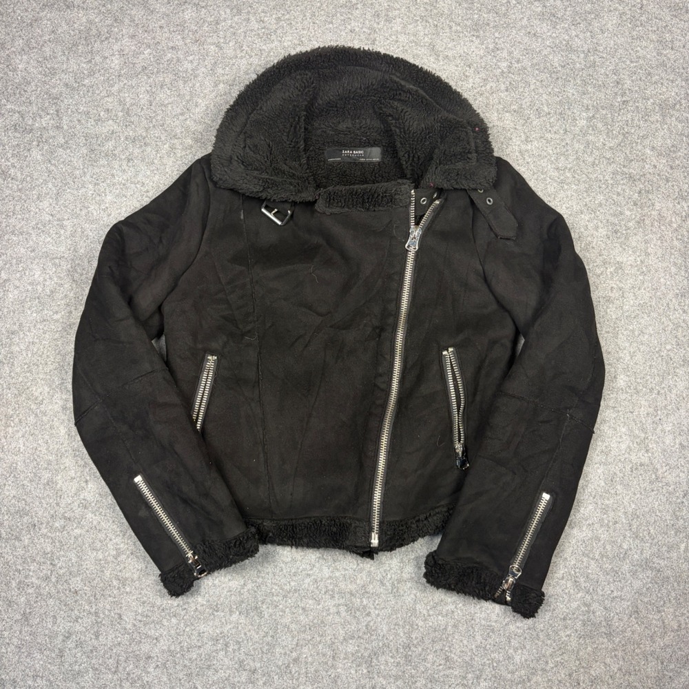 Zara Basic Black Faux Suede Shearling Aviator Moto Jacket Womens Medium